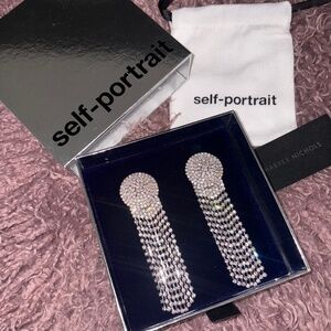 SELF-PORTRAIT Crystal-embellished fringe silver-plated drop earrings